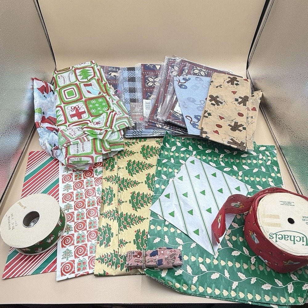 Lot Vintage Christmas Wrapping Paper 90s Y2K Ribbon Tissue Retro Michaels Spools